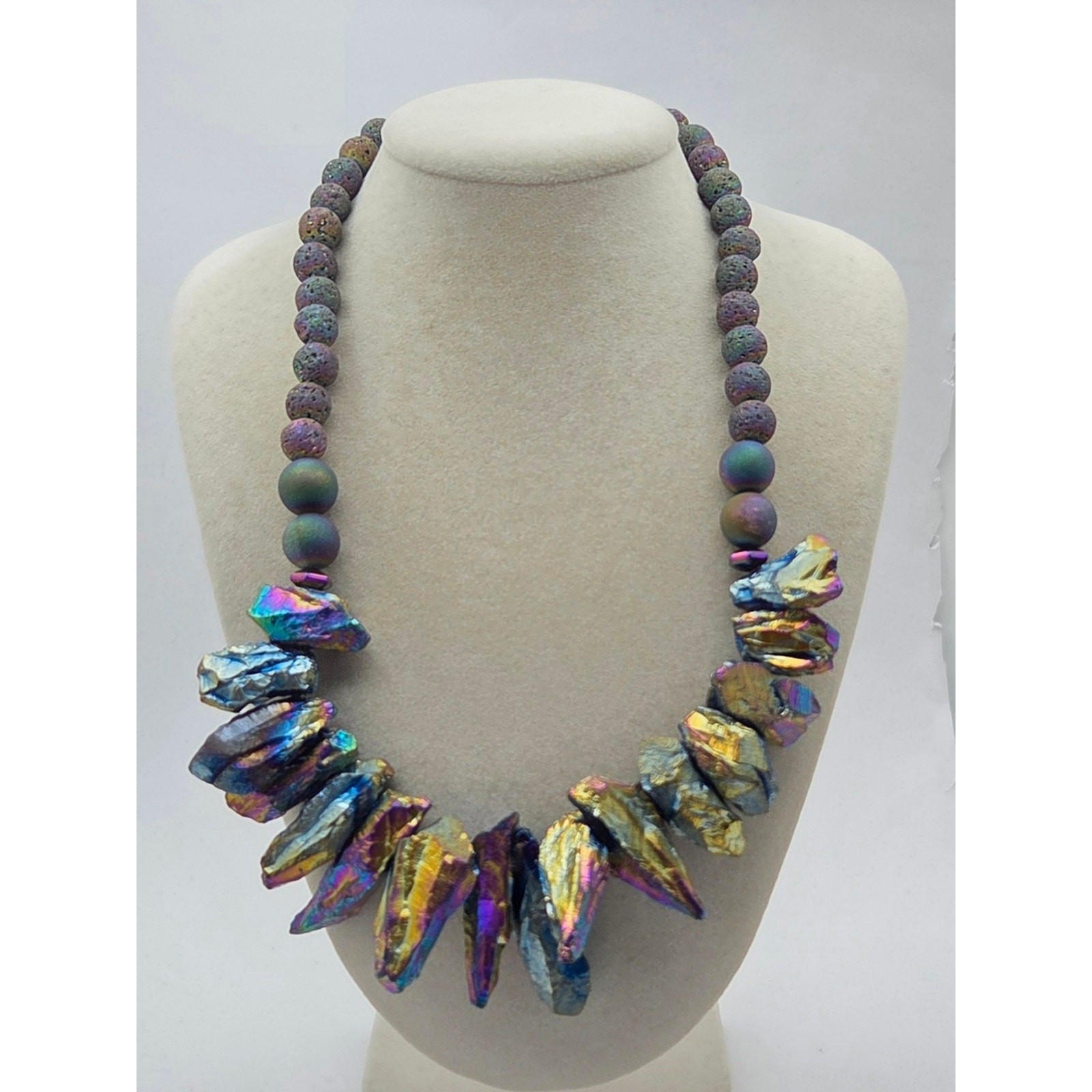 Raw Rainbow Aura Titanium Quartz & Lava Rock Statement Bib Necklace – 16″