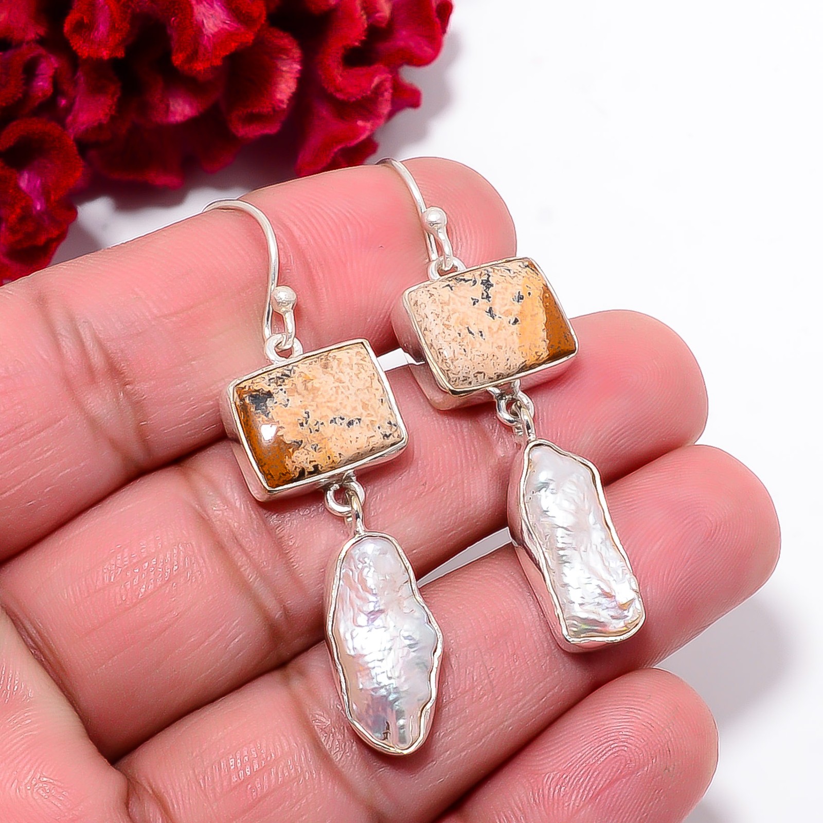 Picture Jasper & Biwa Pearl 925 Sterling Silver Danglers Earring 2.03″ E55
