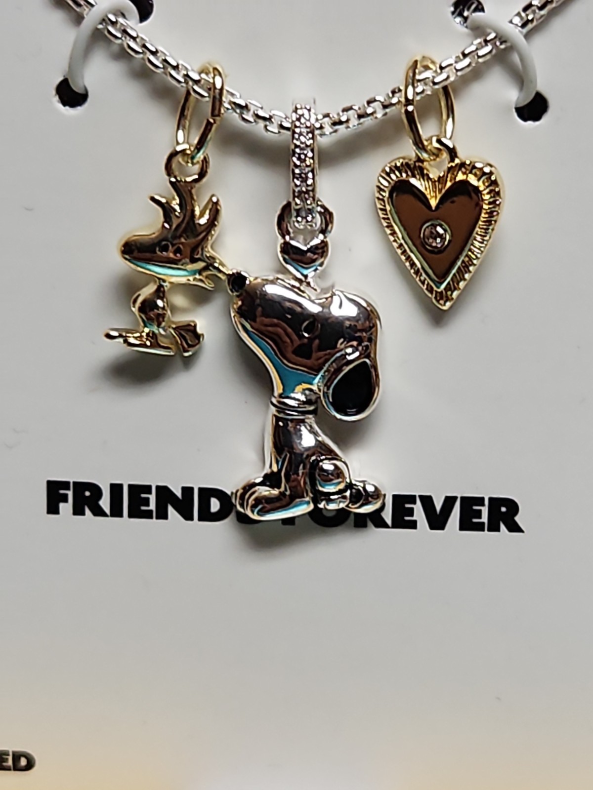 Peanuts Snoopy Woodstock W/ Heart 18in Necklace Fine Silver Pl. W/ Gold
