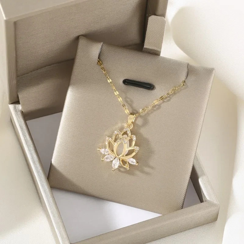Women’s Fashion Jewelry Cubic Zircon Gold Lotus Flower Pendant Necklace Gift USA