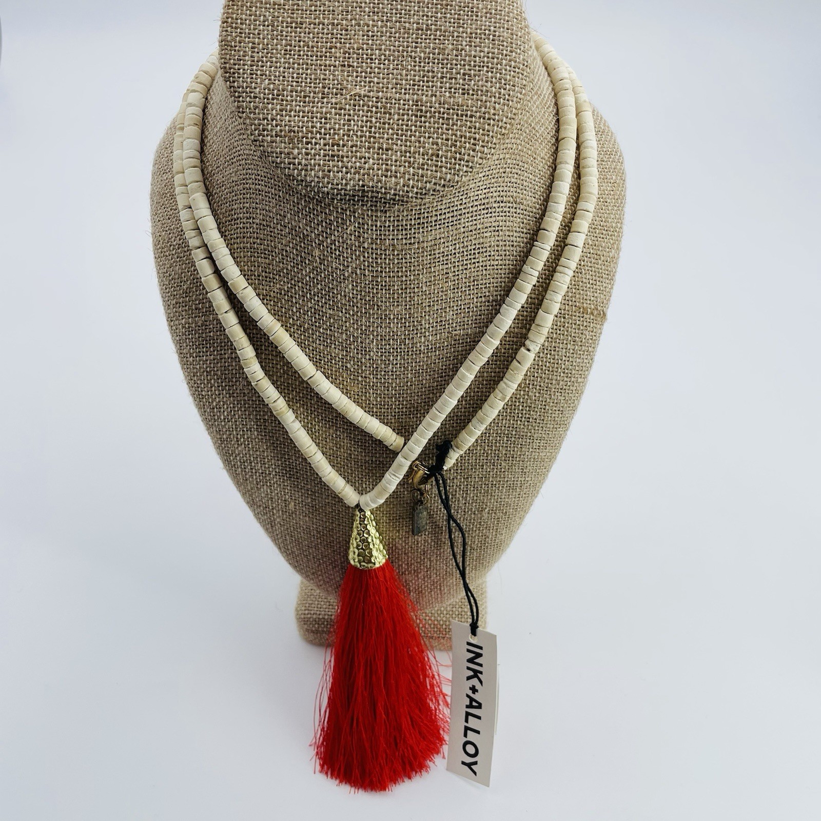 Ink + Alloy Long Boho Wood Beaded Necklace With Red Tassel 23”