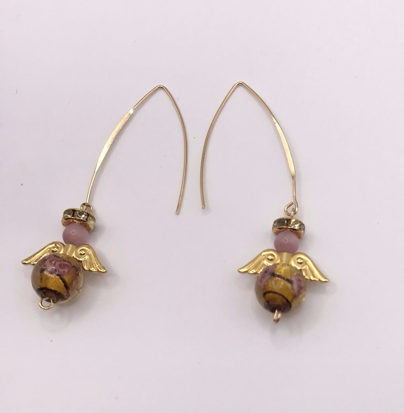 Handmade w/Angel Earrings Pink Cats Eye Murano Gold Round Bead Wings