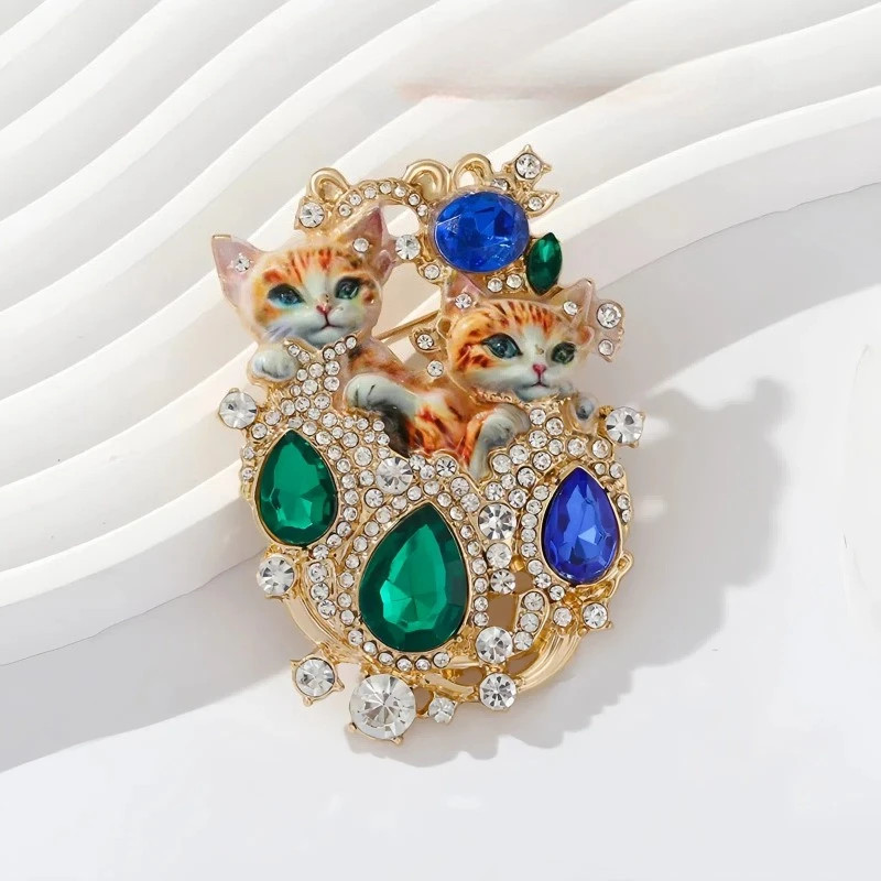 Retro Rhinestone Studded Double Cat Brooch High-end Luxury Women Pins Accessory