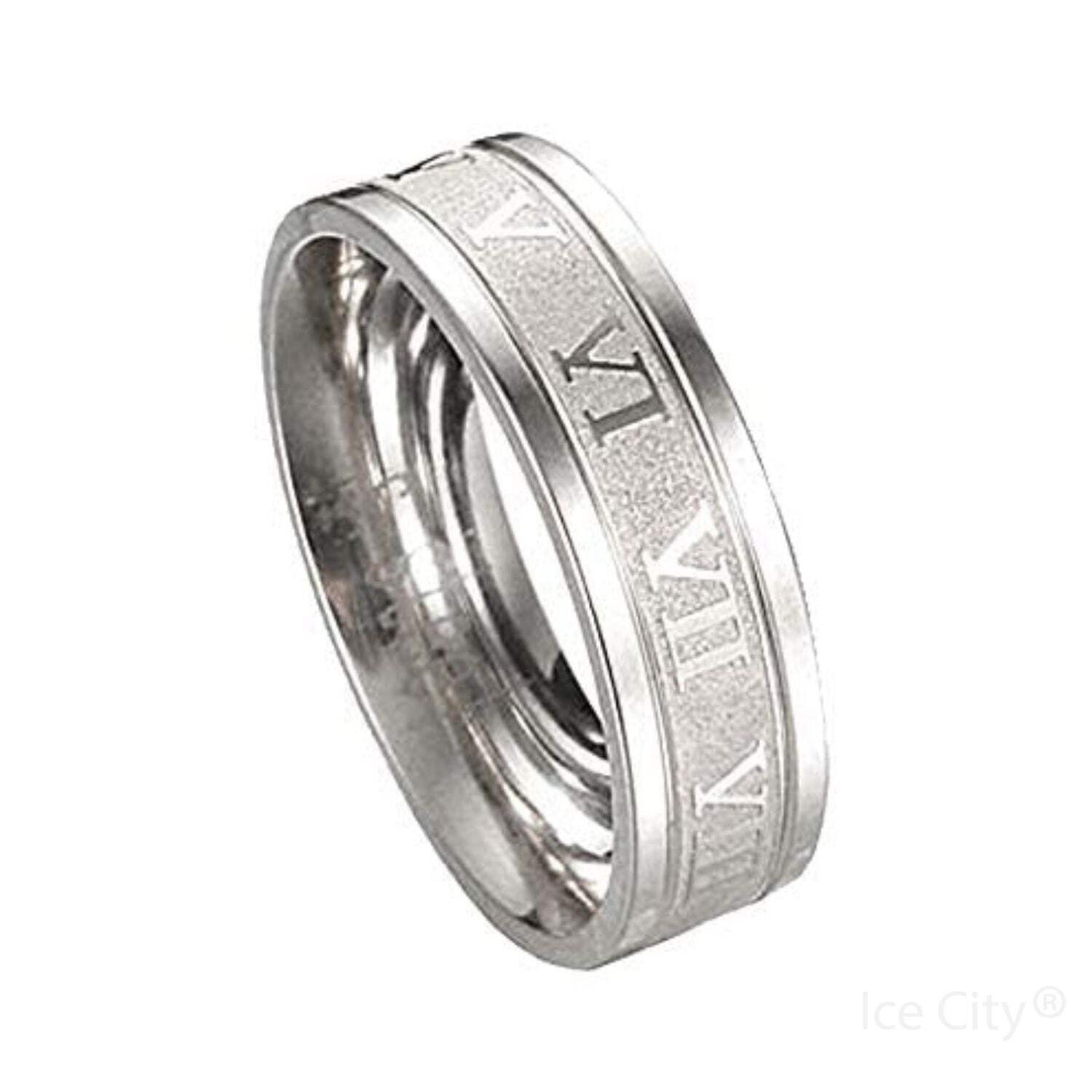 Ice City Roman Numeral Wedding Band Ring, Stainless Steel Rings Men Size 6-12