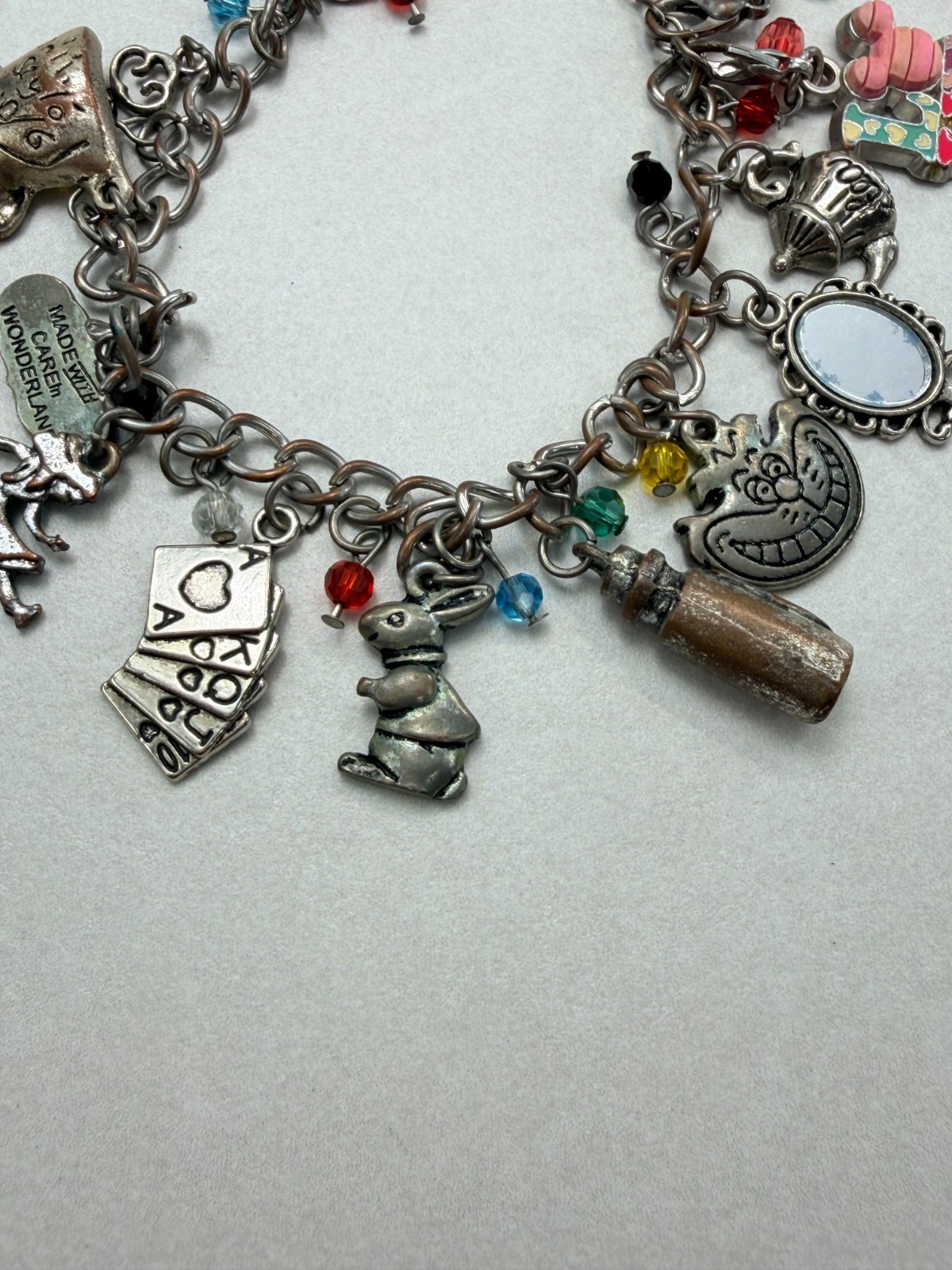 Alice in Wonderland Charm Bracelet Silver Tone Fairy Tale Jewelry 8.1/4″