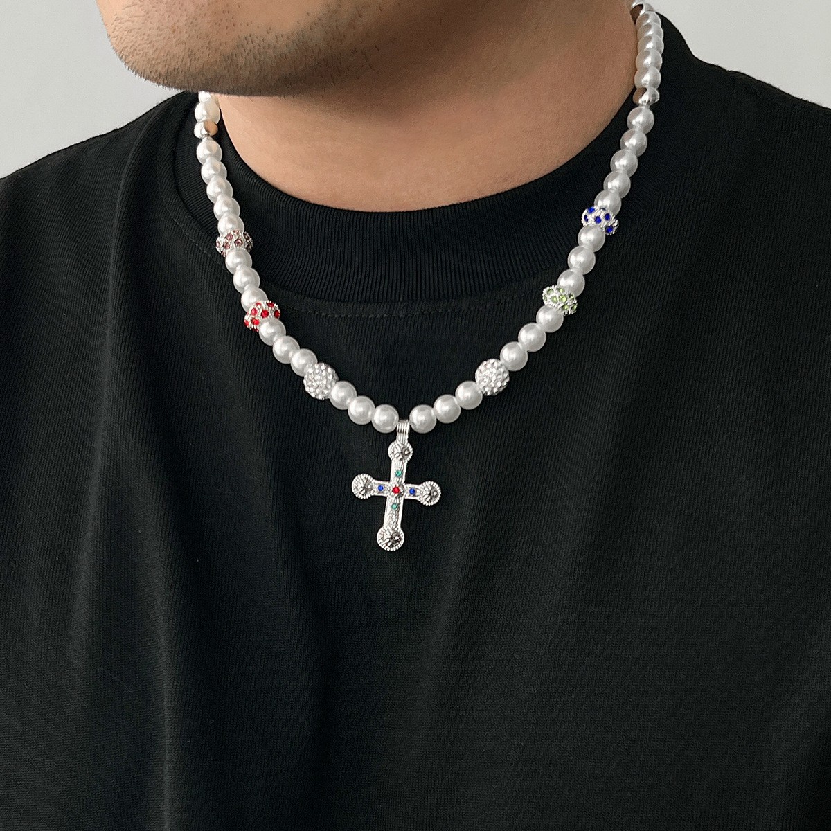 Alloy Imitation Pearl Cross Necklace Men Cubic Zirconia Beaded Pendant Jewelry