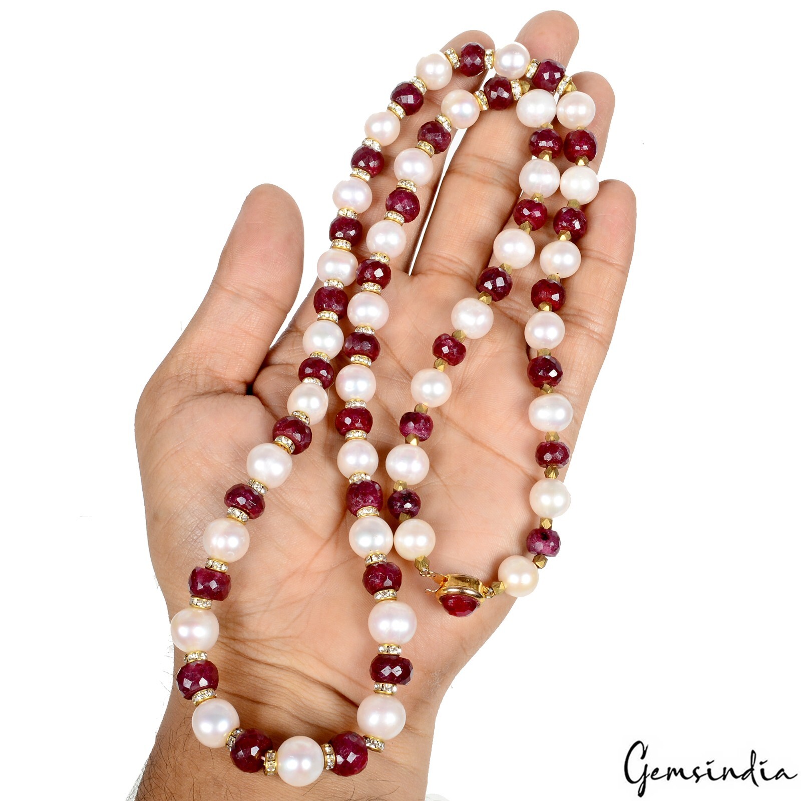 500 Ct Natural Ruby Freshwater Pearl Beaded Handmade Single Strand Necklace 28″