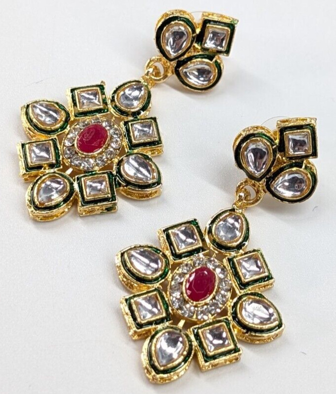 Bollywood India Wedding Gold Tone Clear Pink Rhinestone Pierced Earrings Chunky