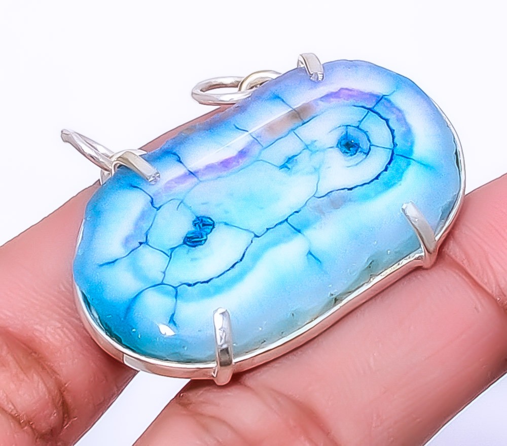 Marine Blue Solar Quartz Eye Gemstone 925 Sterling Silver Pendant 1.25″ A317