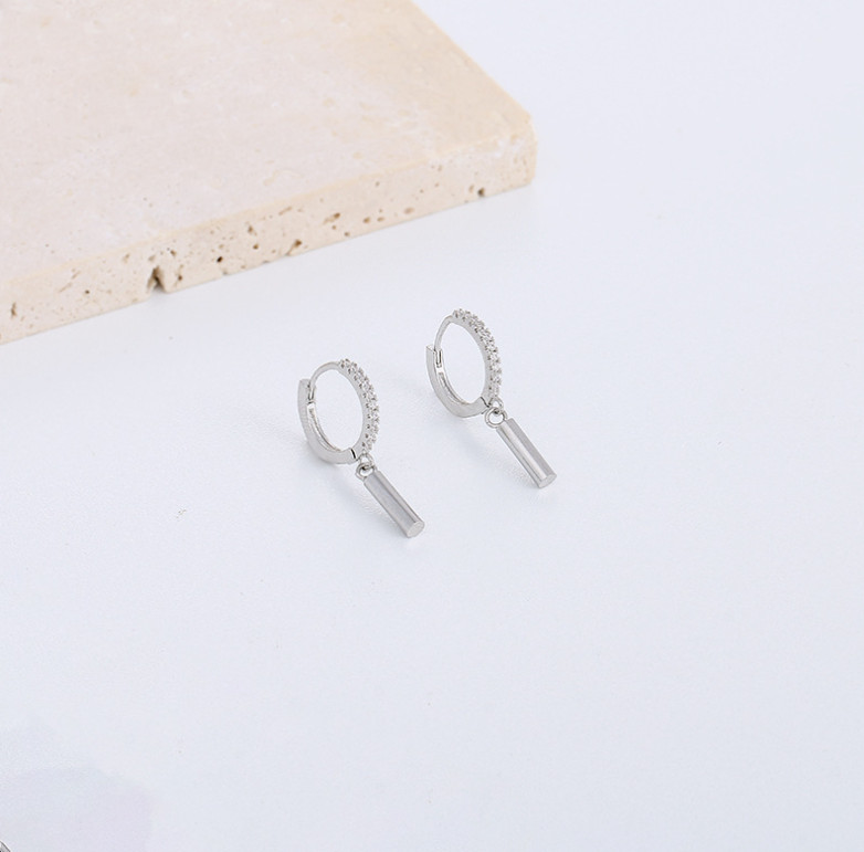 925 Sterling Silver Dangle Column Bar Round CZ Huggie Small Hoop Earrings PE3