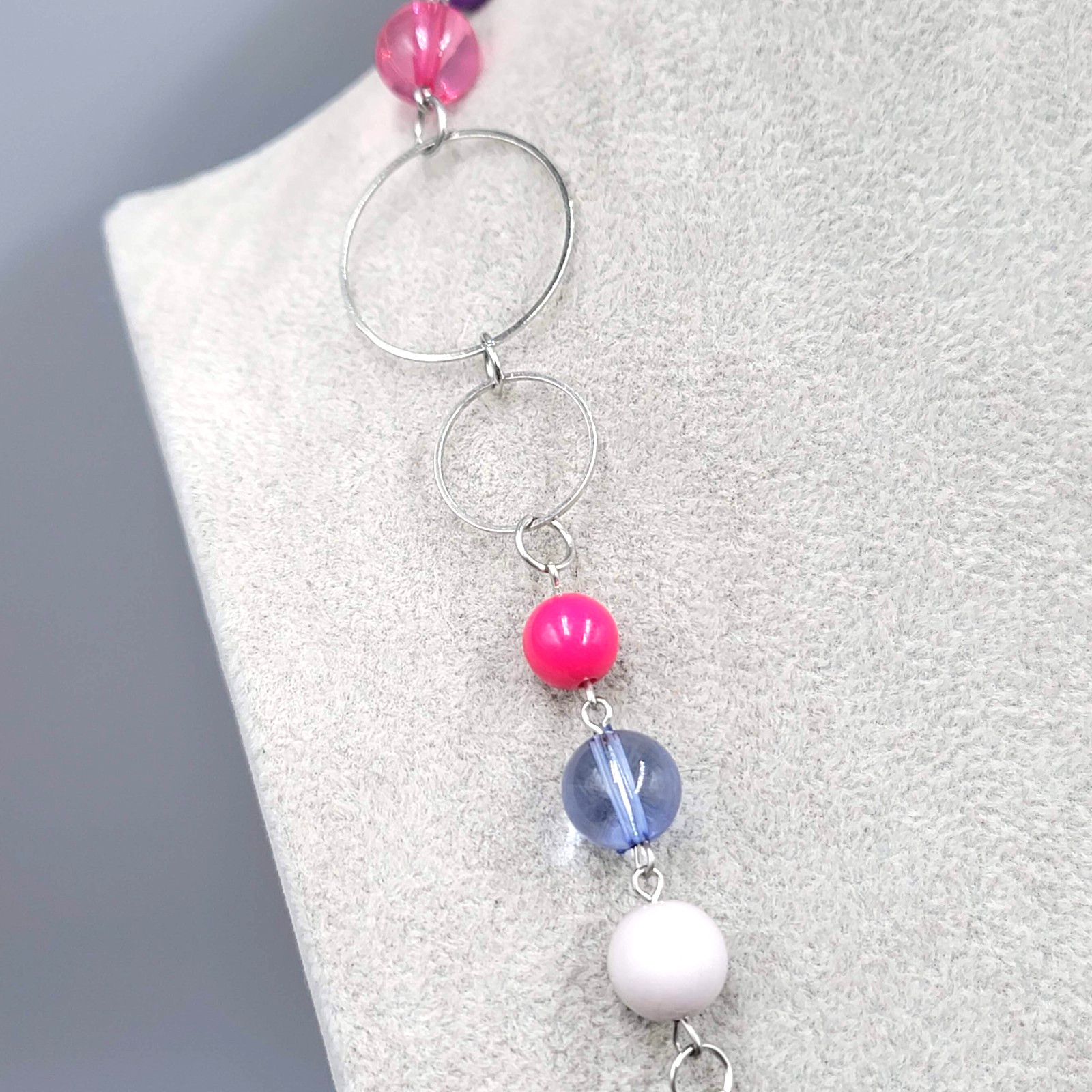 Purple Pink Blue Bead Layered Necklace Silver tone 30 in Long