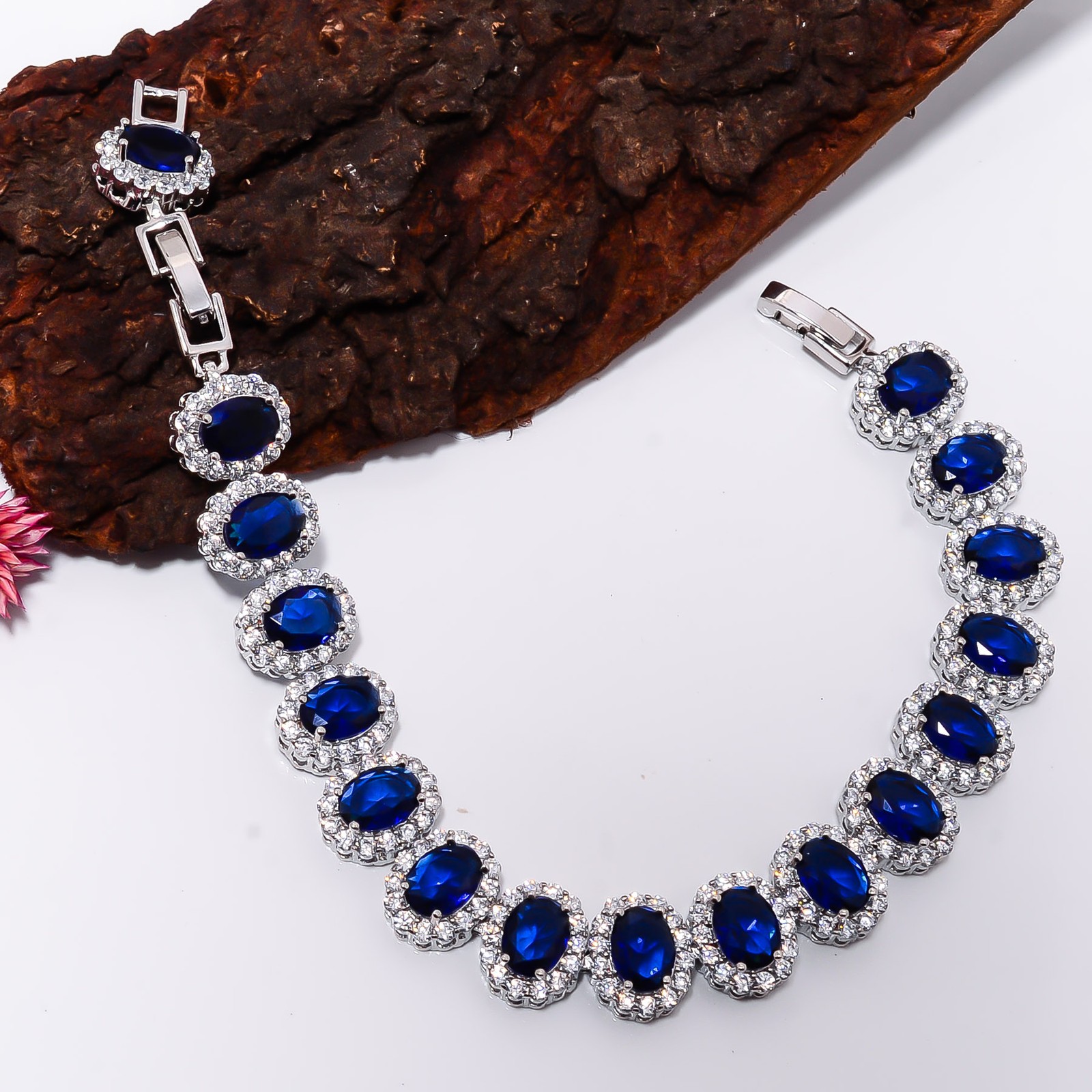 Blue Sapphire -Simulated, CZ 925 Sterling Silver Adjustable Bracelet 7-8″ B1822