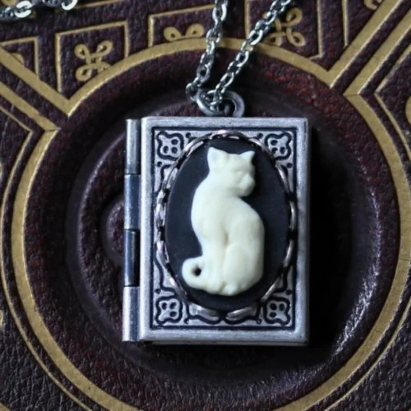 Cat Book Locket Necklace Jewelry Gothic Silvery Kitten Animal Pendant