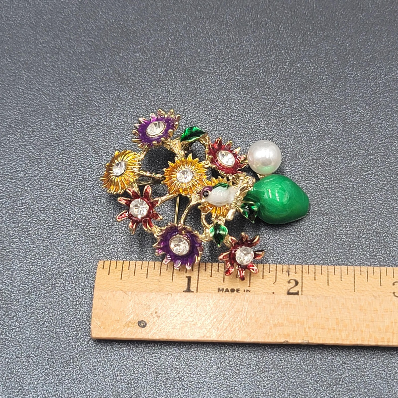 Crystal Rhinestone Flower Bouquet Brooch Pendant Green Enamel Multicolor 2.25″