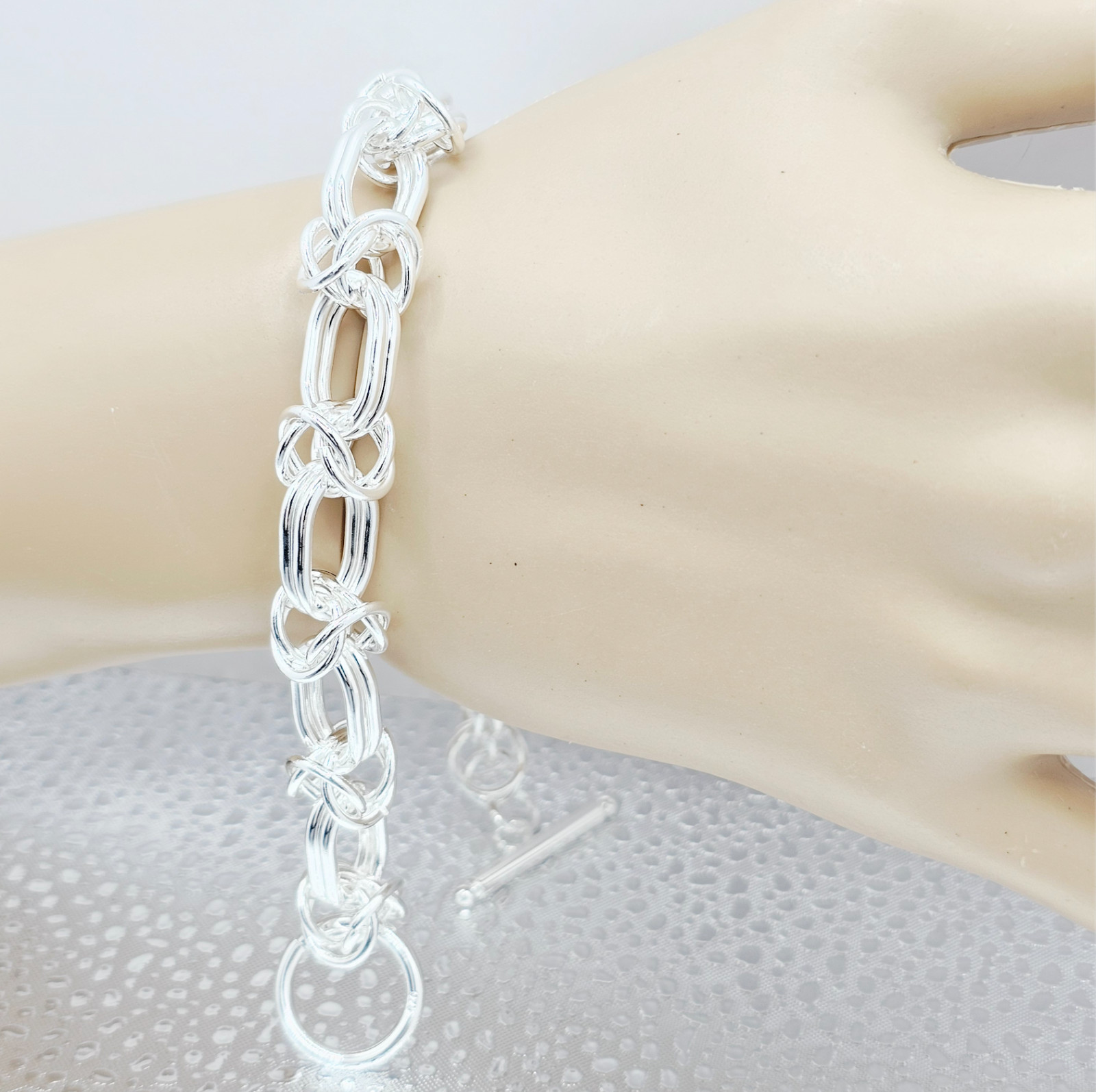 Bracelet 8.5 in .925 Sterling Silver Solid Full Rings Design Link Chain 33g