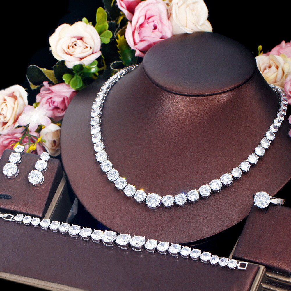 Silver Plated CZ Yellow Big Round Wedding Jewelry Necklace Earrings Bracelet Set
