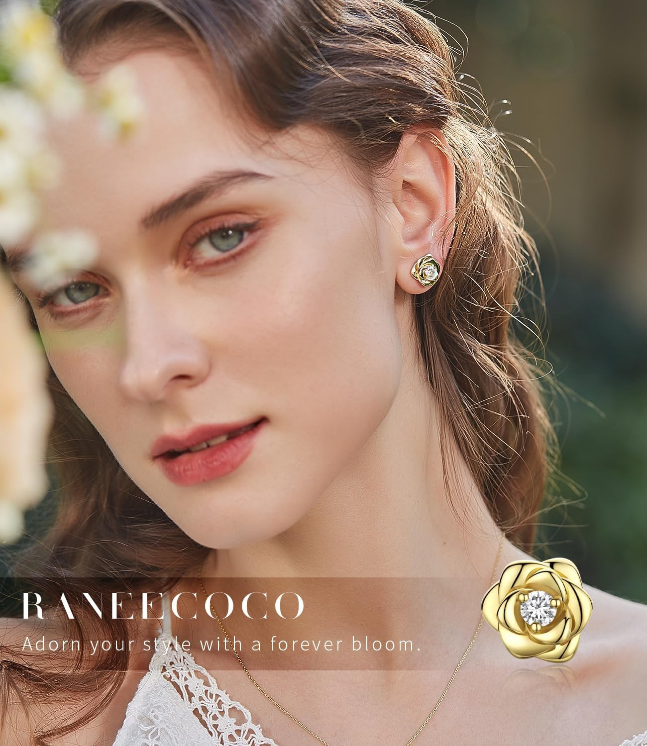 Gold Plated Sterling Silver Rose Flower Earring Studs, Hypoallergenic & Nickel F