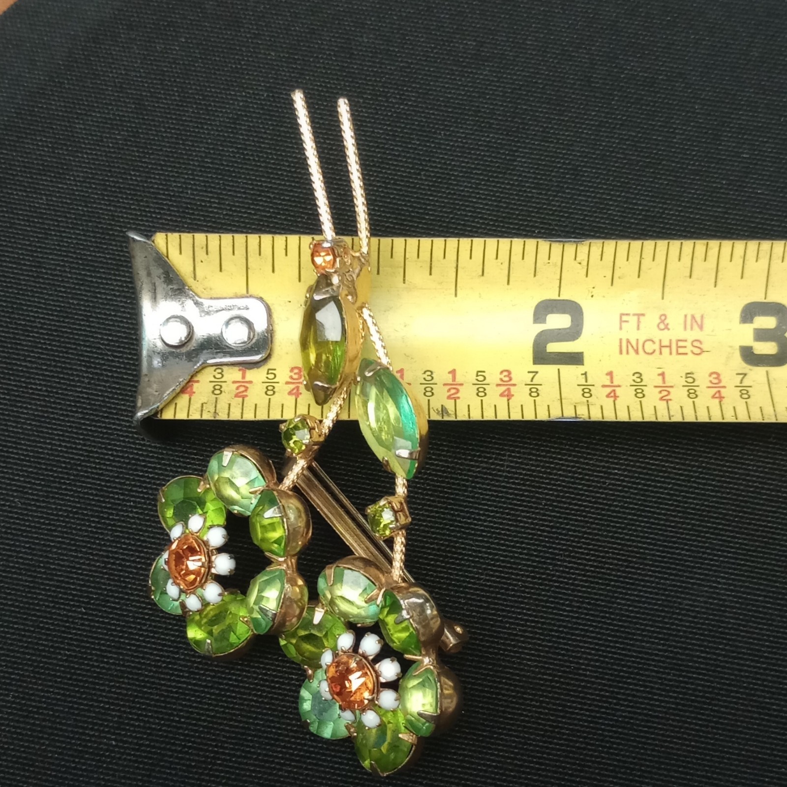 Green Rhinestone Flower Brooch Pin, Gold Tone Metal, 3 in, Prong Set