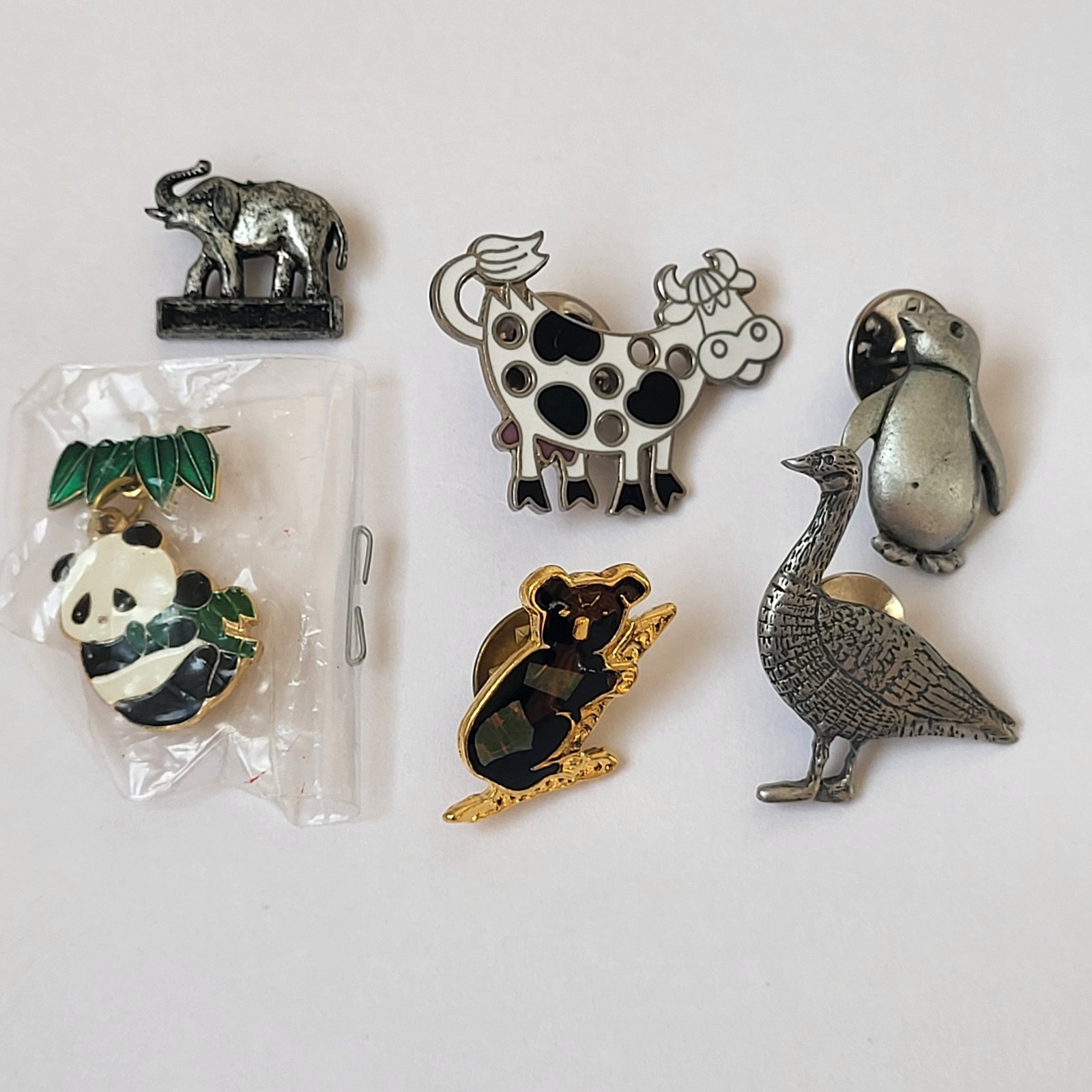 Mixed Animal Brooch Pin Lot (6) Metal Duck Cow Koala Penguin Panda Elephant Duck