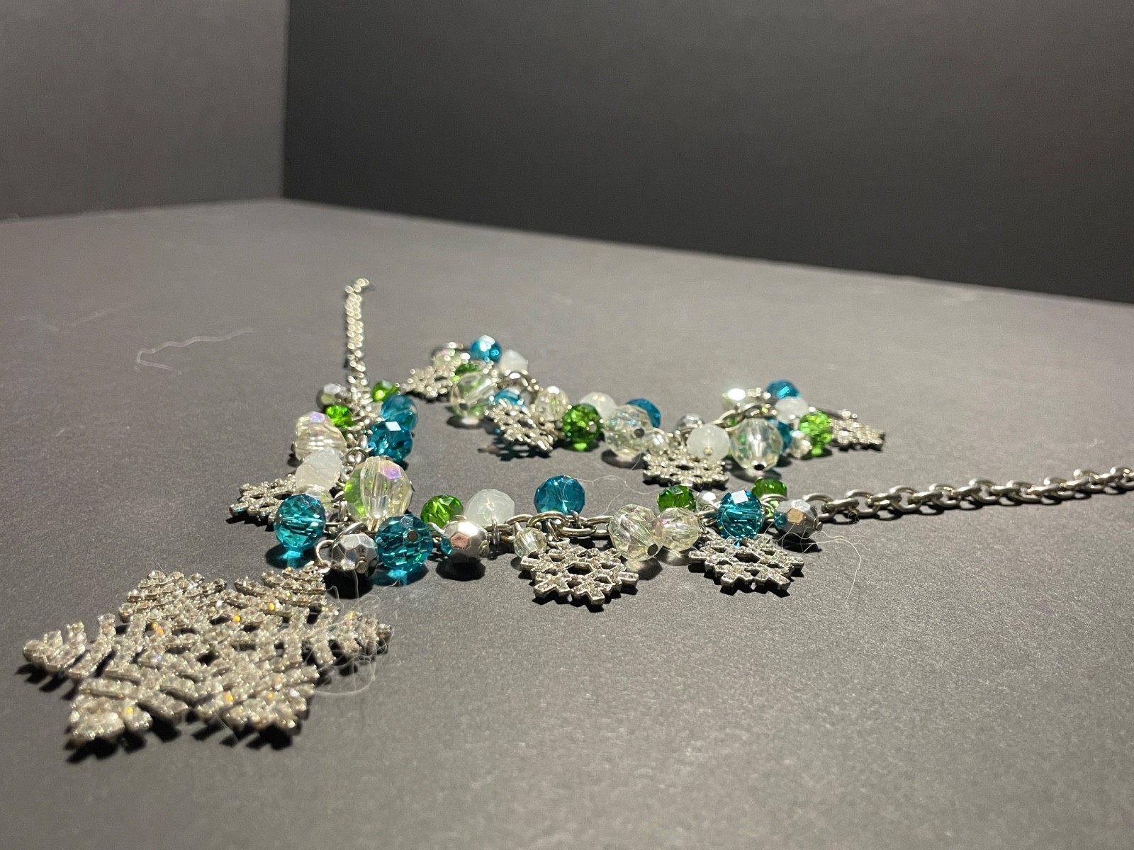 Pier 1 Snowflake Necklace Bracelet Set 19-21″ Holiday Christmas Rhinestone Charm