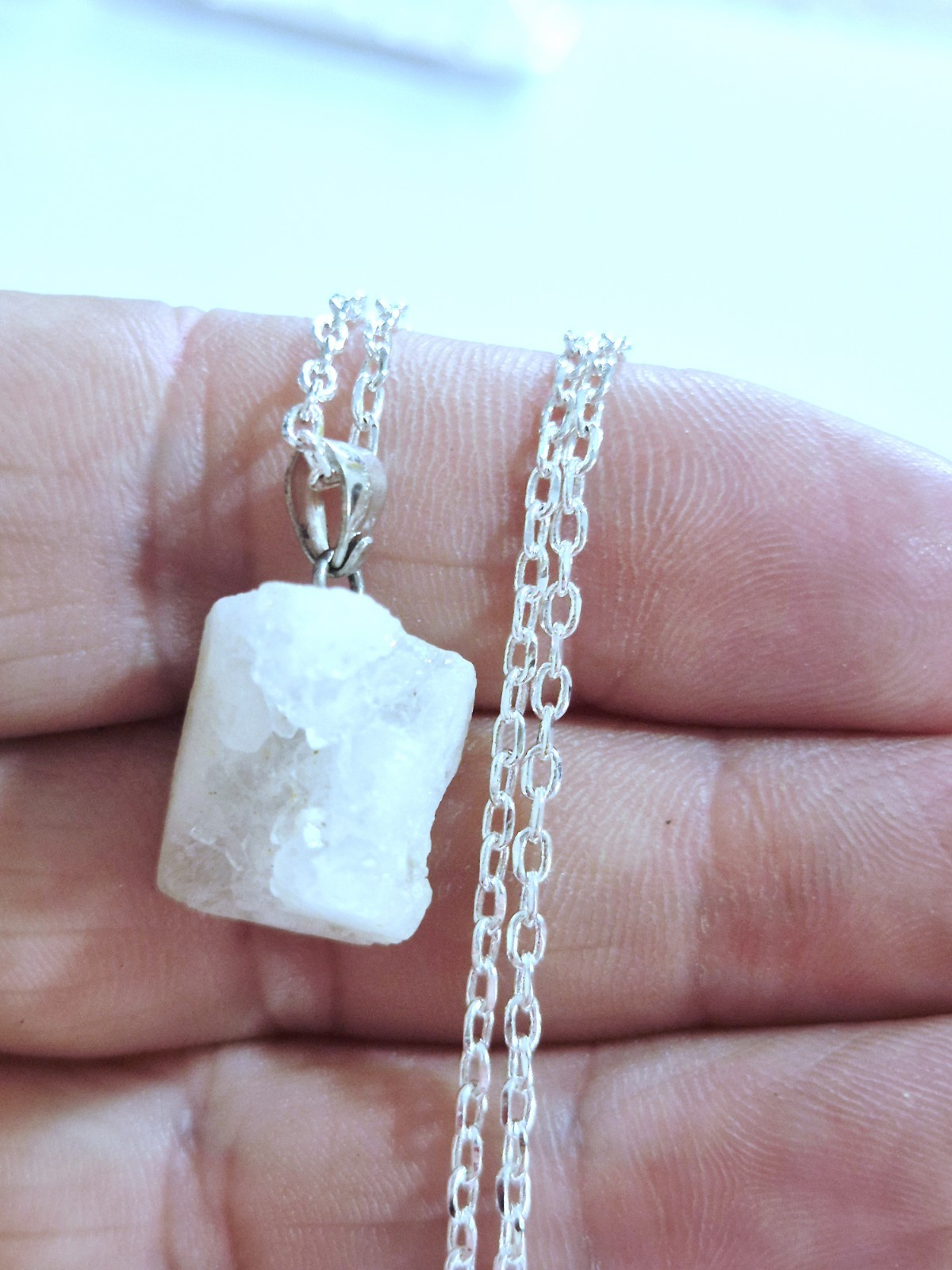 chalcedony Rough Natural white 925 Silver Pendant Necklace with Chain (#wb)