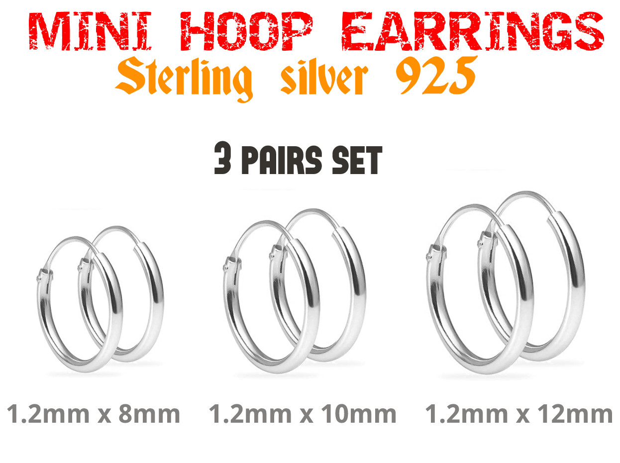 Adorable Plain Mini Hoop Earrings 3 Pairs Set 8mm 10mm 12mm Sterling Silver 925