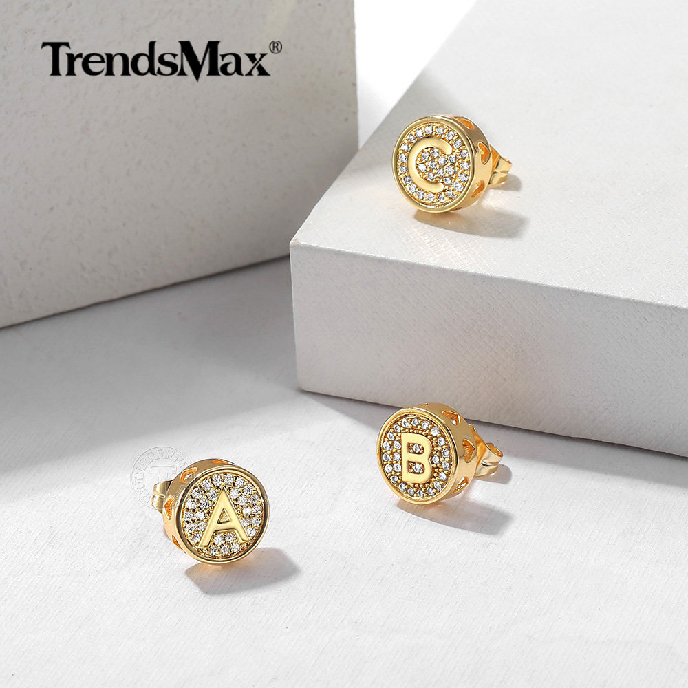 Gold Plated CZ Initial Letter A-Z Stud Earrings Crystal Alphabet for Women Men