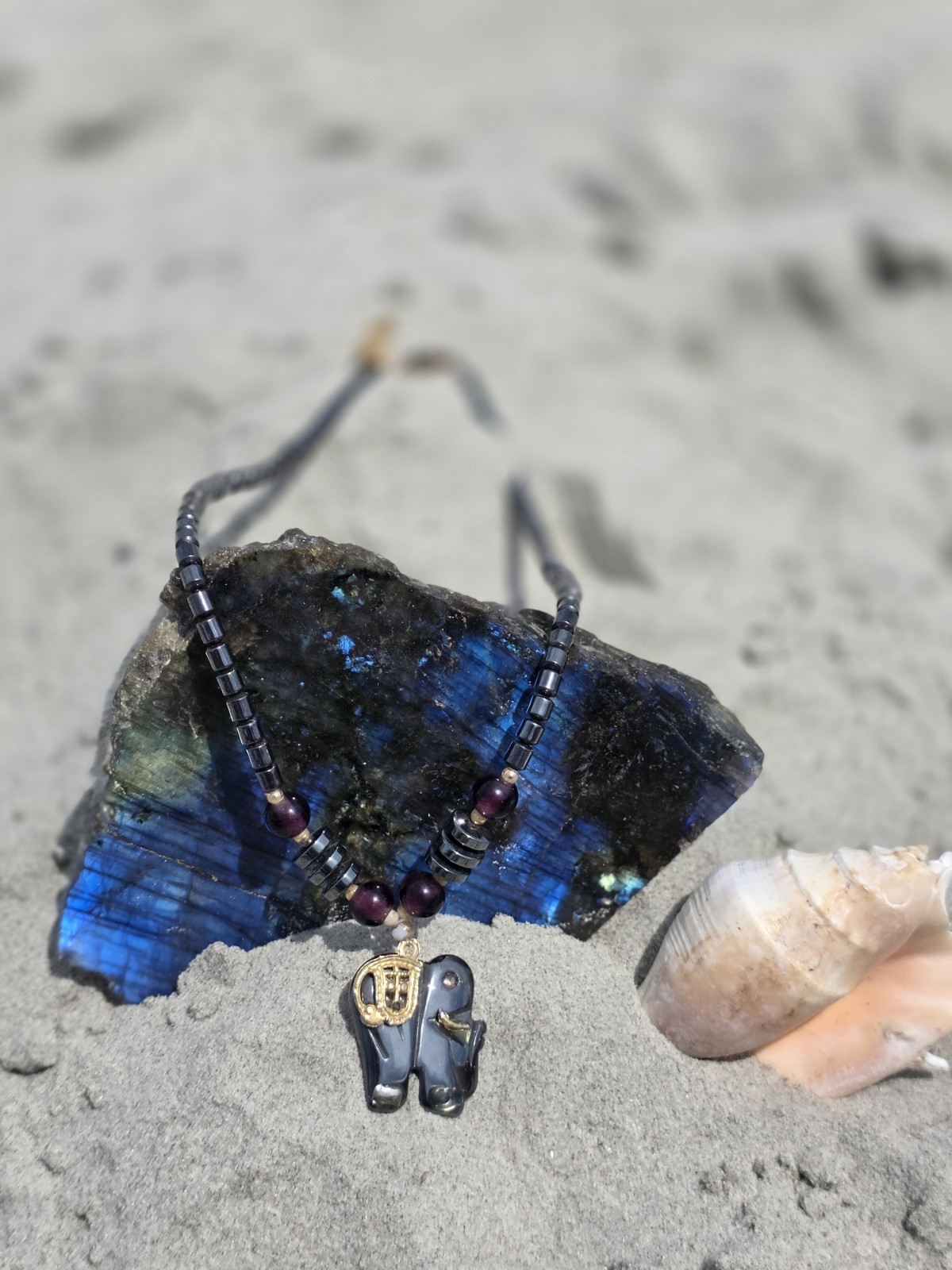 Hematite Elephant Pendant Necklace Beaded 17.5″