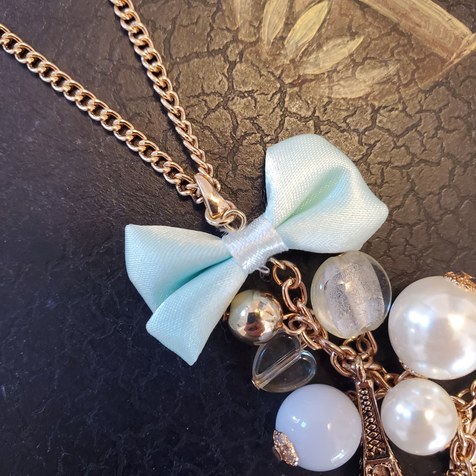 Paris Icons Long Necklace Goldtone – Musee d’Orsay Clock & Eiffel Tower – Heart