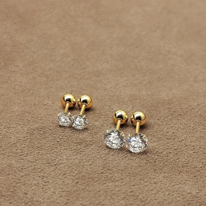 Gold Round CZ Crystal Stud Earrings Screw Back Surgical Steel Ear Stud 2-6mm 2PC