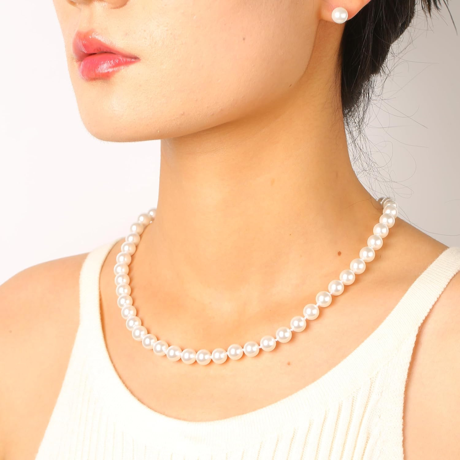White 8Mm Faux Hand Knotted Glass Imitation Pearls Necklace Earring Jewelry 3 Se
