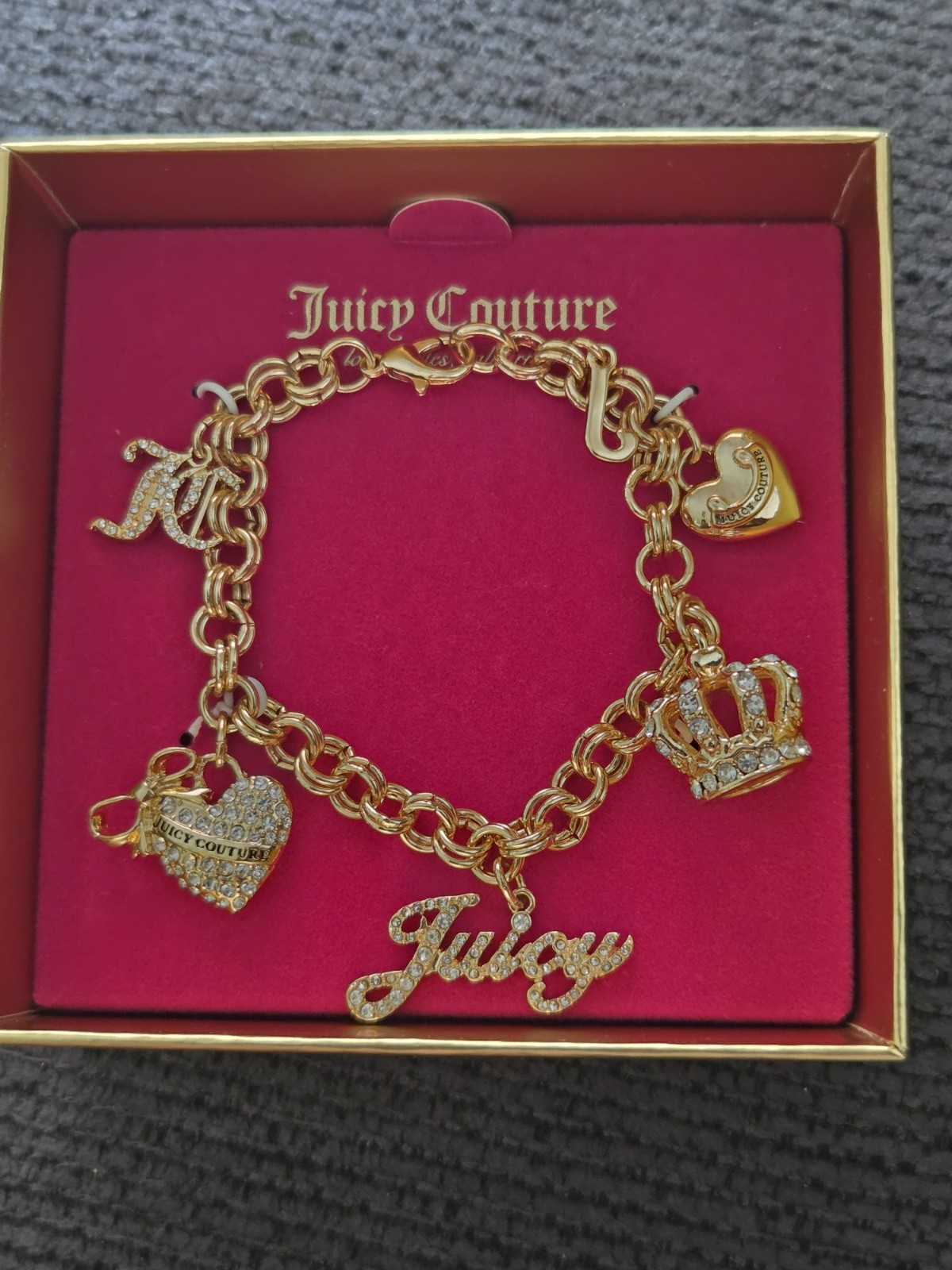 Juicy Couture Gold Tone Charm Bracelet Crystal Dangle Adjustable Fashion