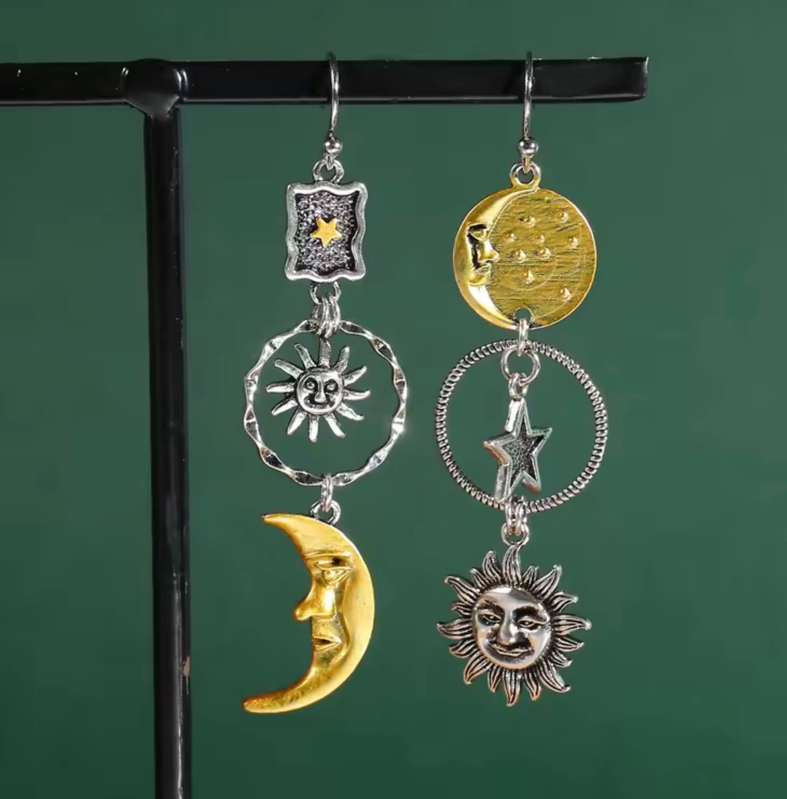 Greek Mythology Face Sun Moon Pendant Women’s Asymmetric Earrings