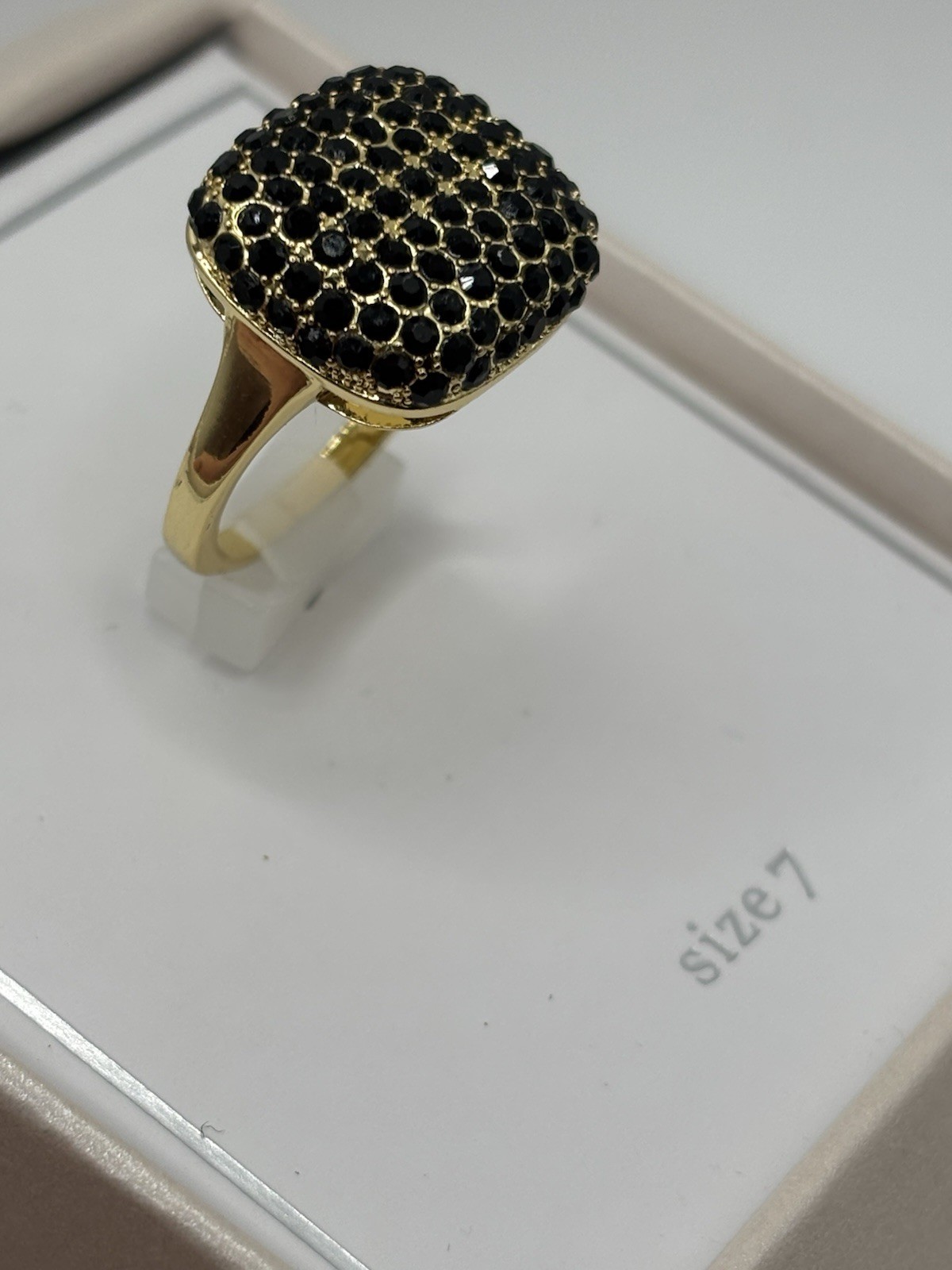 Gold Tone Black Round Crystal Pavé Cushion Dome Cocktail Ring Size 7