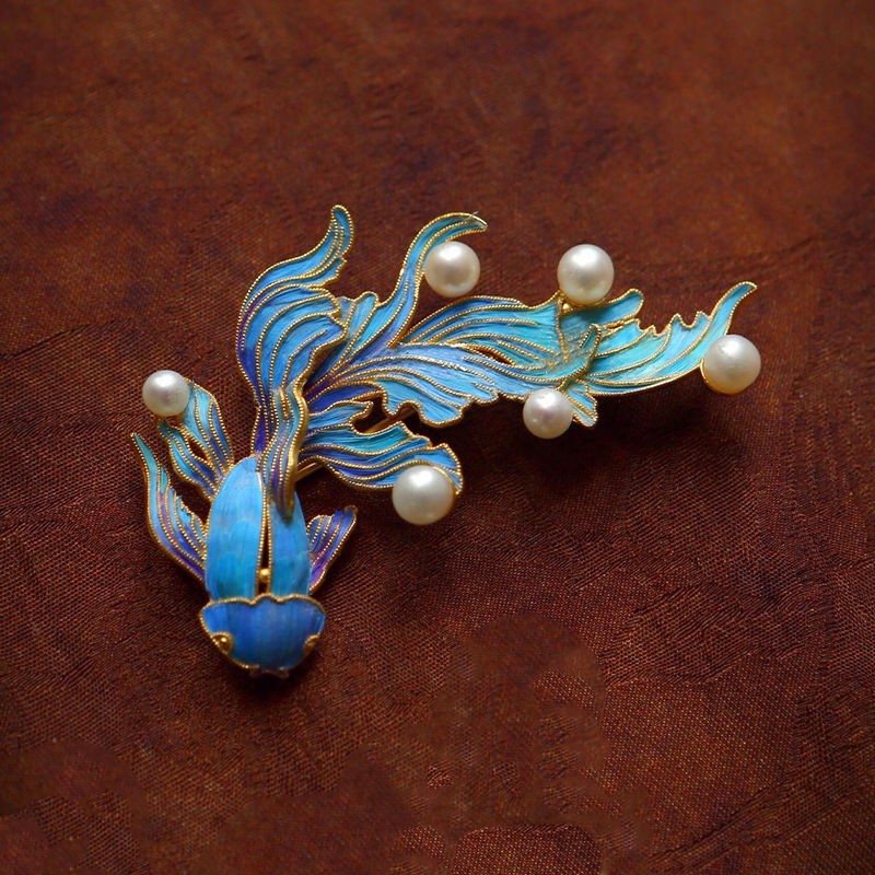 Enamel Imitation Kingfisher Koi Fish Earrings Pearl Chinese Style Jewelry