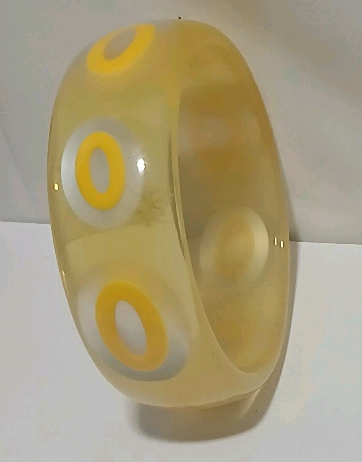 Yellow and White Bangle Bracelet Plastic Resin Wide Retro Chunky 8″