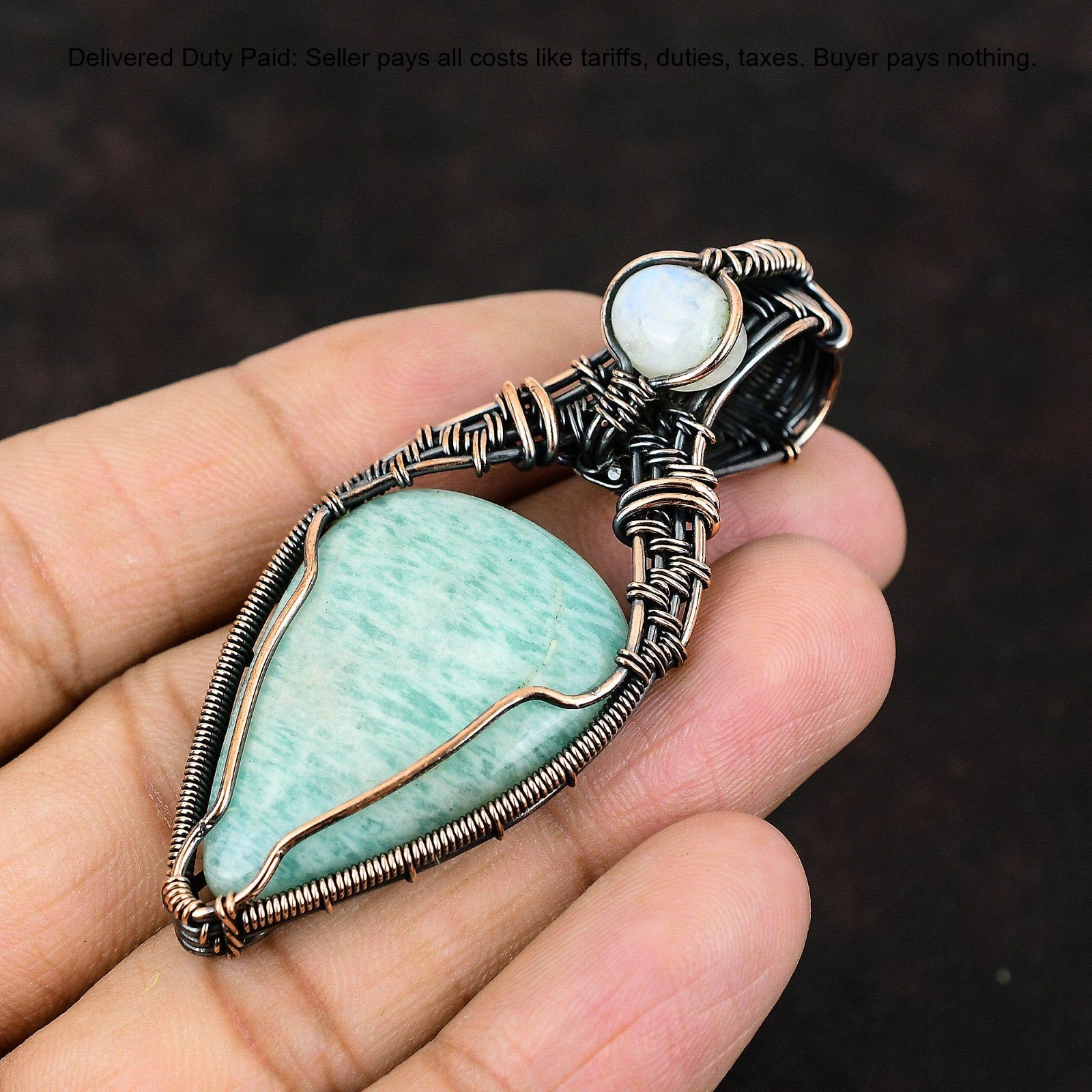 Pear Amazonite Gemstone Rainbow Moonstone Copper Twisted Wife Pendant Jewelry