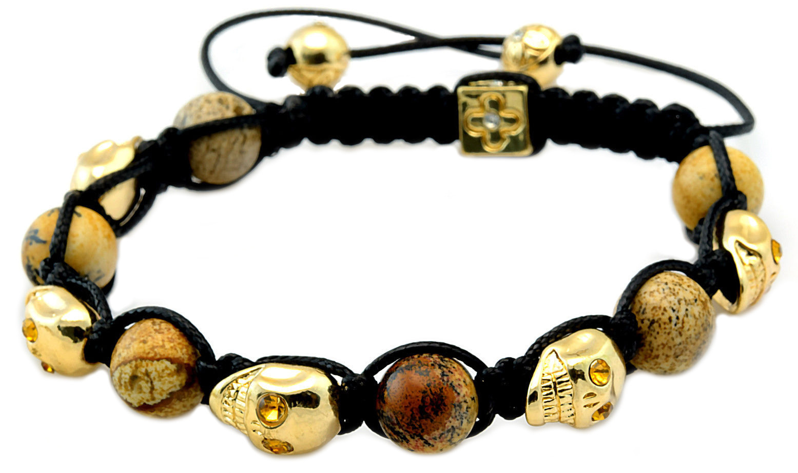 Men’s Womens Crystal Agate Beaded Gold Skull Bracelet