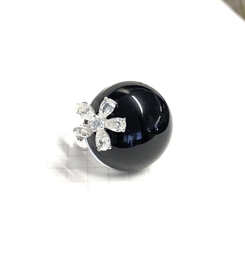 (SIZE 6,7,8,9) Large ONYX STONE & CZ FLOWER RING .925 STERLING SILVER