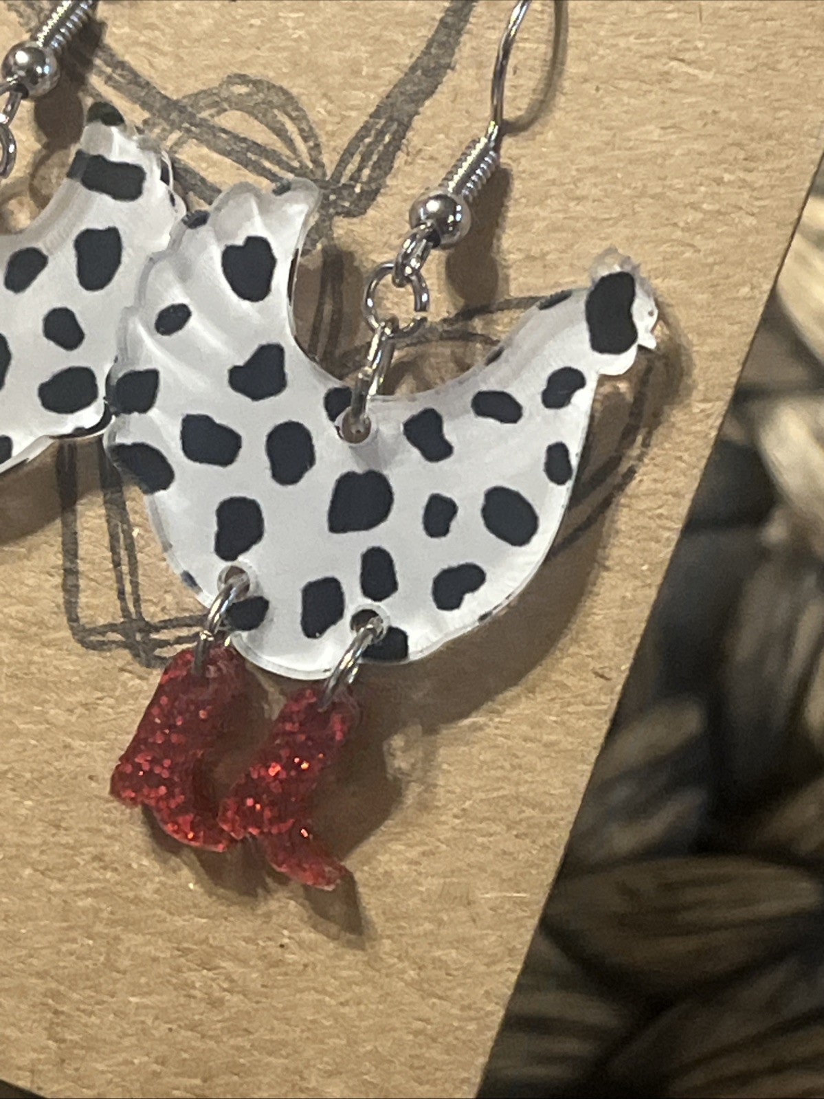 Black & White Chicken & Red Boots Earrings