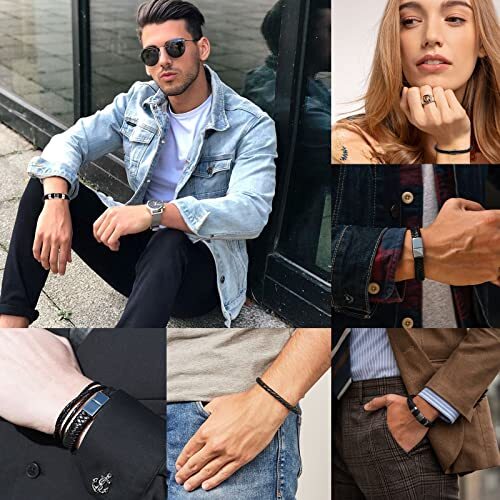 Black Leather Bracelets for Men Women 5pcs Mens Bracelet Leather and A- 8.7inch