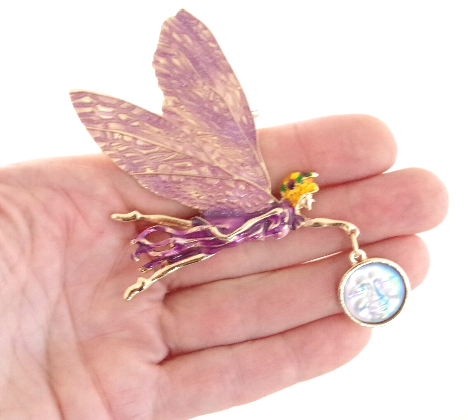 3″ NWOT DESIGNER STYLE FAIRY GODDESS w/ AB MOON FACE DANGLE PENDANT BROOCH COMBO