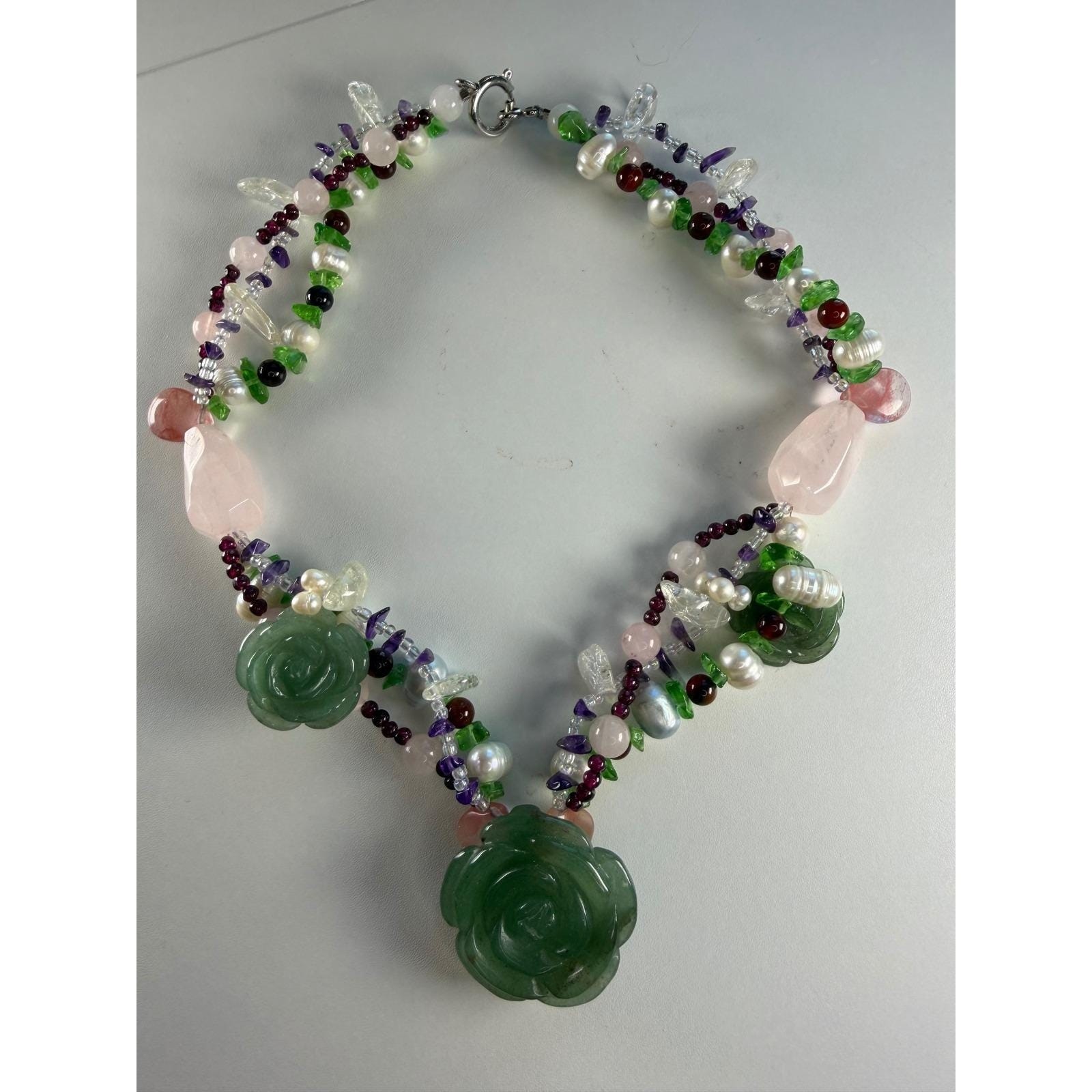 Green Aventurine Carved Rose Gemstone Pearl Multi-Strand Statement Necklace Boho