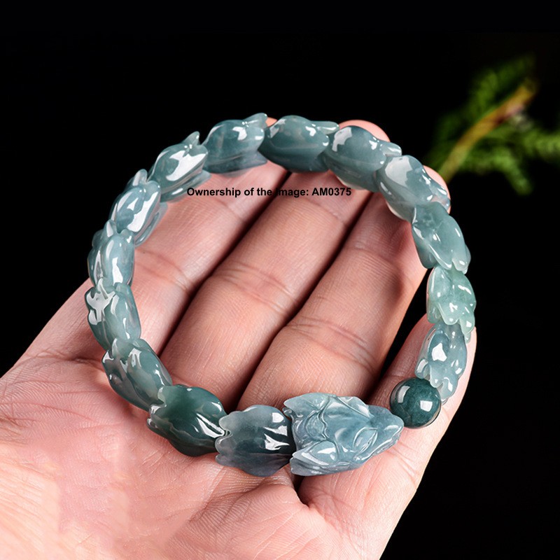 Natural Grade A Jadeite ICY Blue Jade Dragon Shape Bead Elastic Bracelet UNIQUE