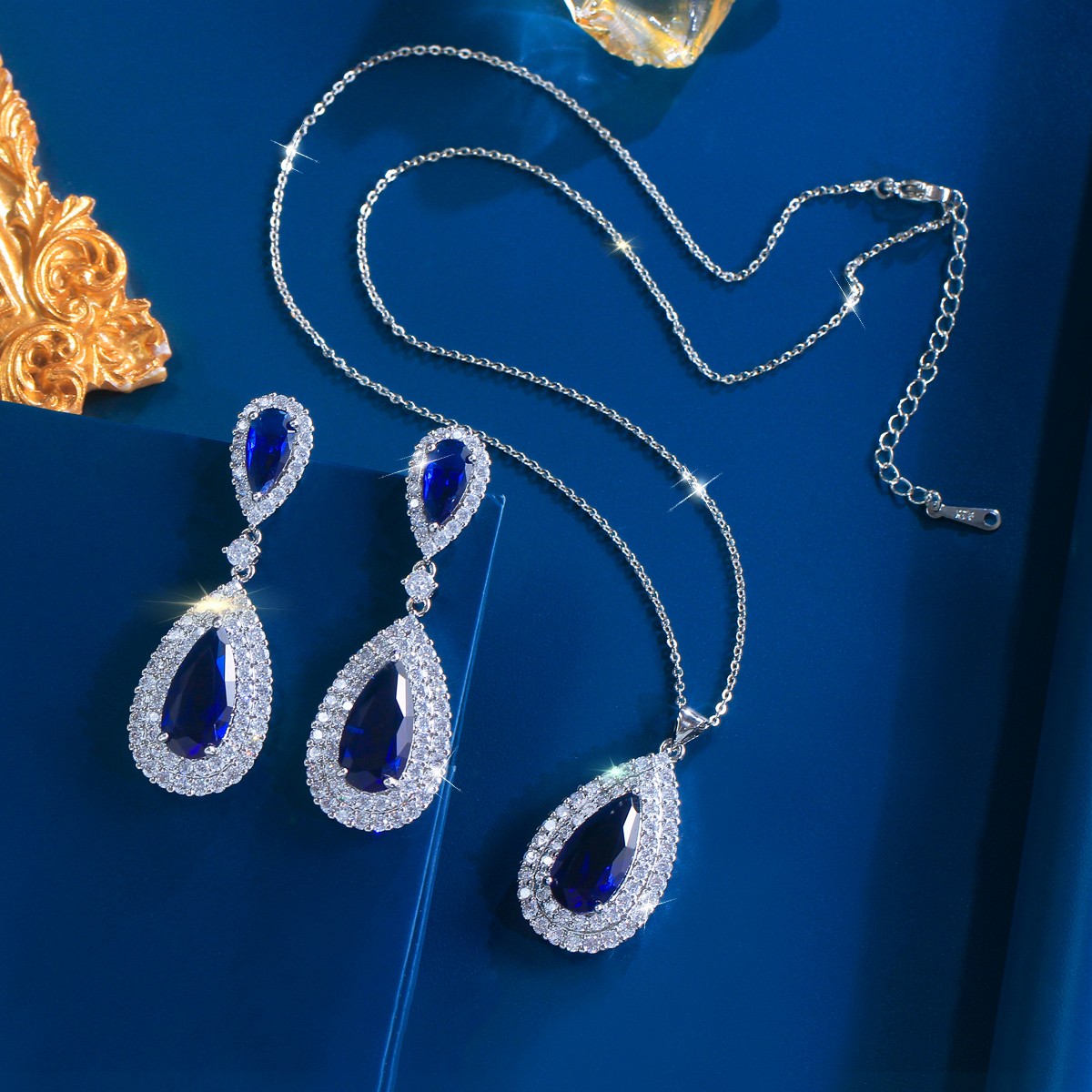 Silver Plated Long Teardrop Drop Earrings Necklace Women Zircon Jewelry Set Gift