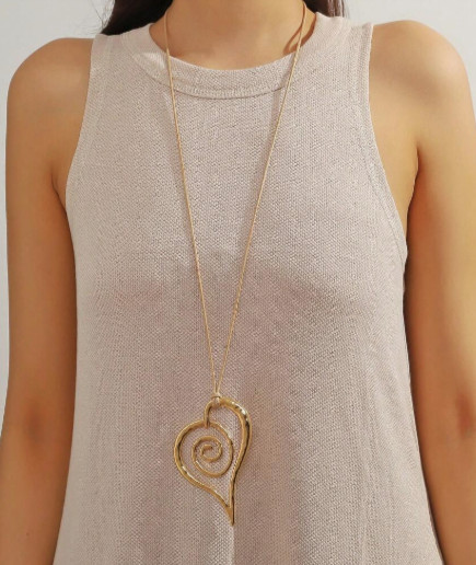 Long Gold Heart Big Pendant Abstract Necklace Women’s New 38″