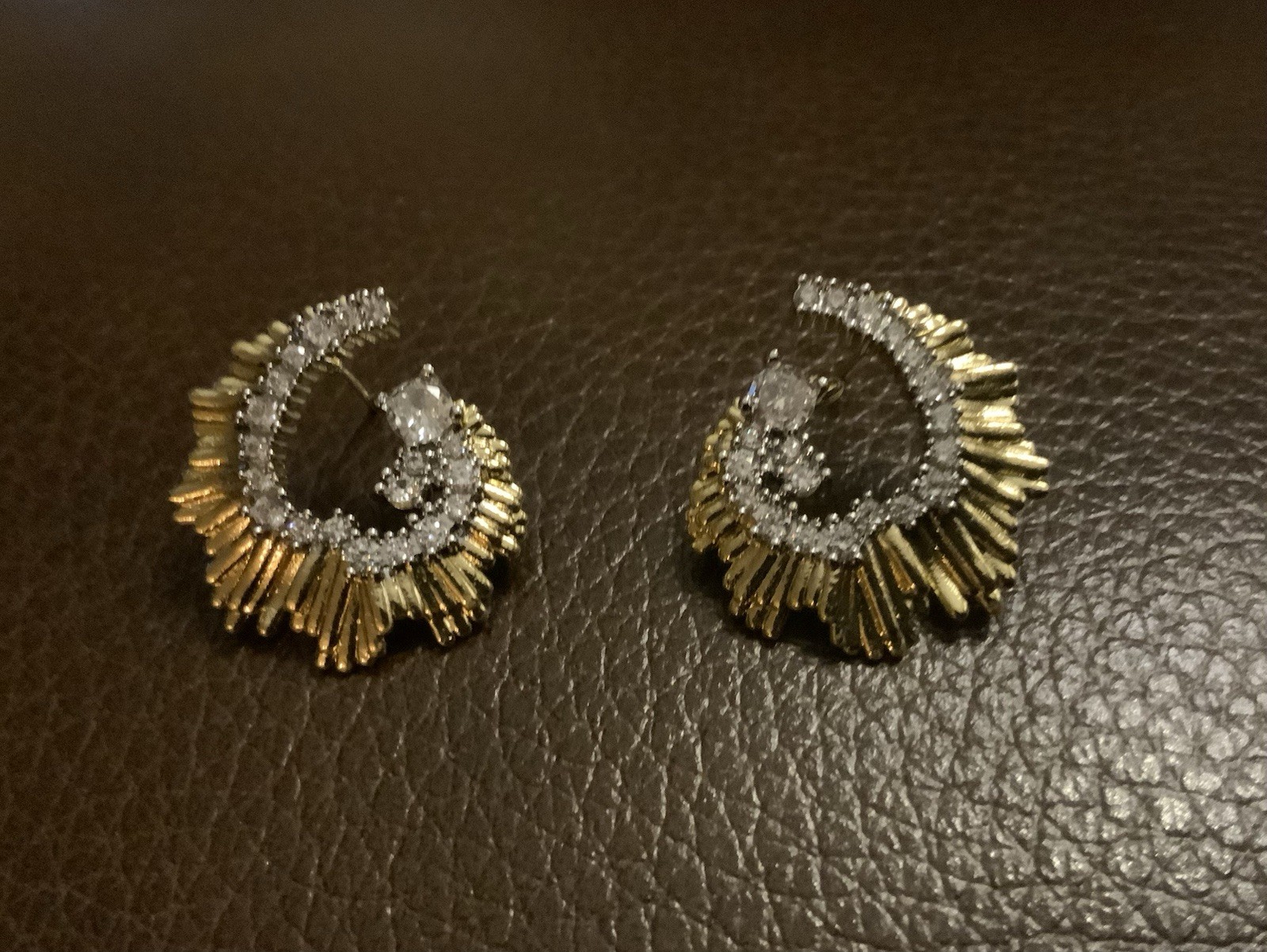 Art Deco Hoop Earrings Gold Solanales Molten Sunburst Boho Fan CZ Sculptural VTG