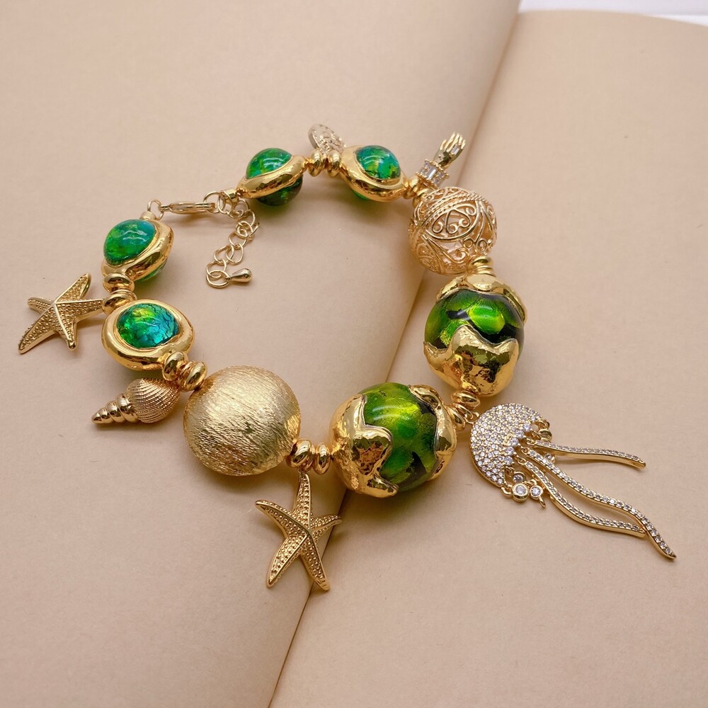 Green Murano Glass White Pearl Gold Plated Charm Beaded Bracelet Handmade