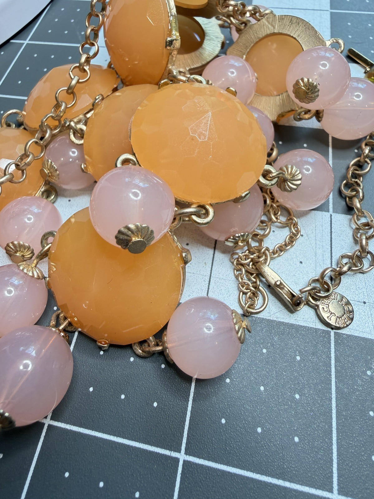 Bold Peach and Pink Chunky Statement Necklace Gold tone Bib Choker