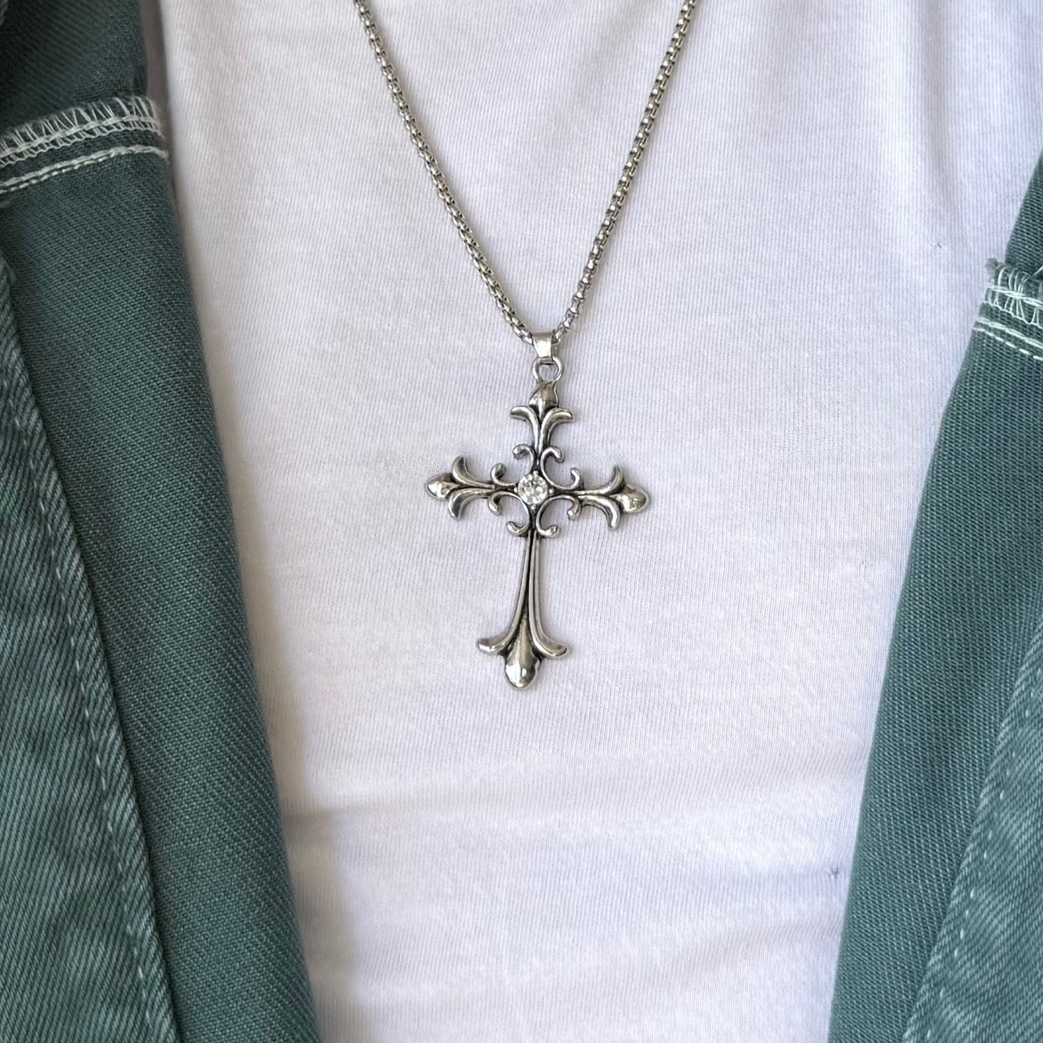 Silver Gothic Cross Pendant Necklace Unisex Stainless Steel Jewelry New
